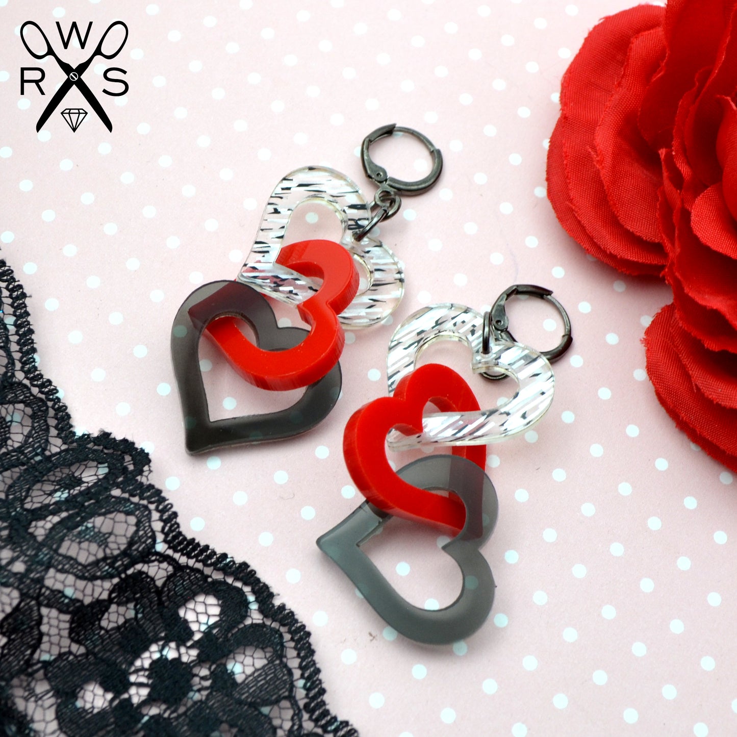 SALE LOVE TRIANGLE DANGLES - in Bright Red, Smoke, and Tinsel Laser Cut Acrylic
