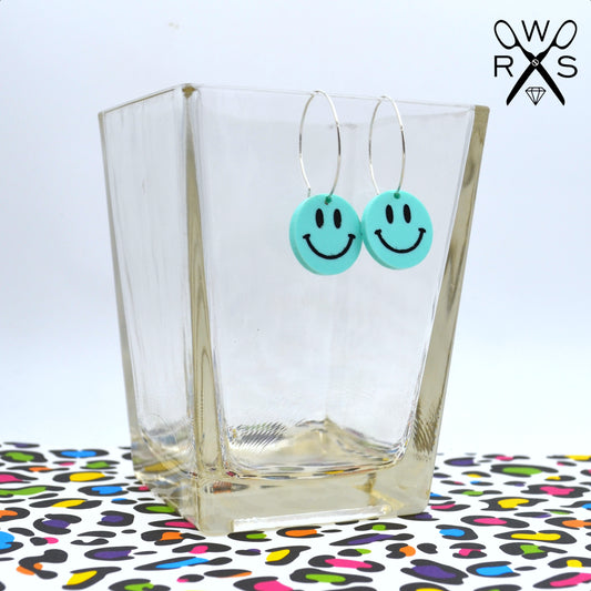 SALE PASTEL BLUE SMILEY Hoops Silver Dangle Earrings