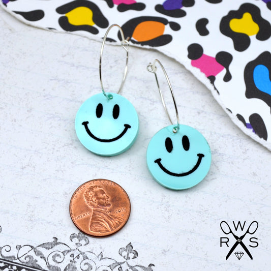 SALE PASTEL BLUE SMILEY Hoops Silver Dangle Earrings