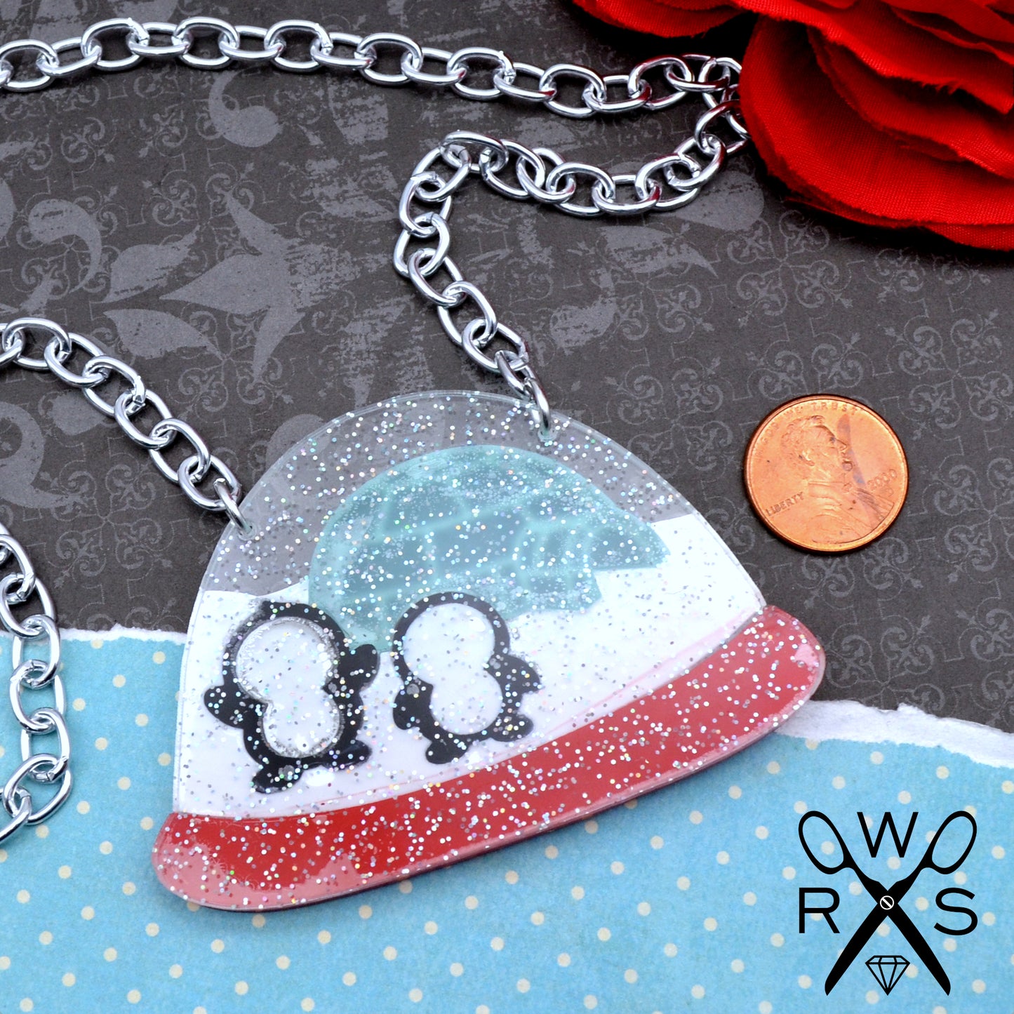 Playful Penguin Snow Globe Necklace  - Laser Cut Acrylic Holiday Necklace
