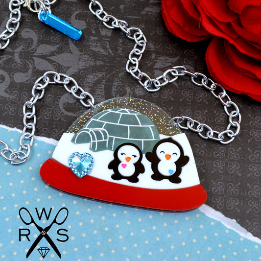 Playful Penguin Snow Globe Necklace  - Laser Cut Acrylic Holiday Necklace