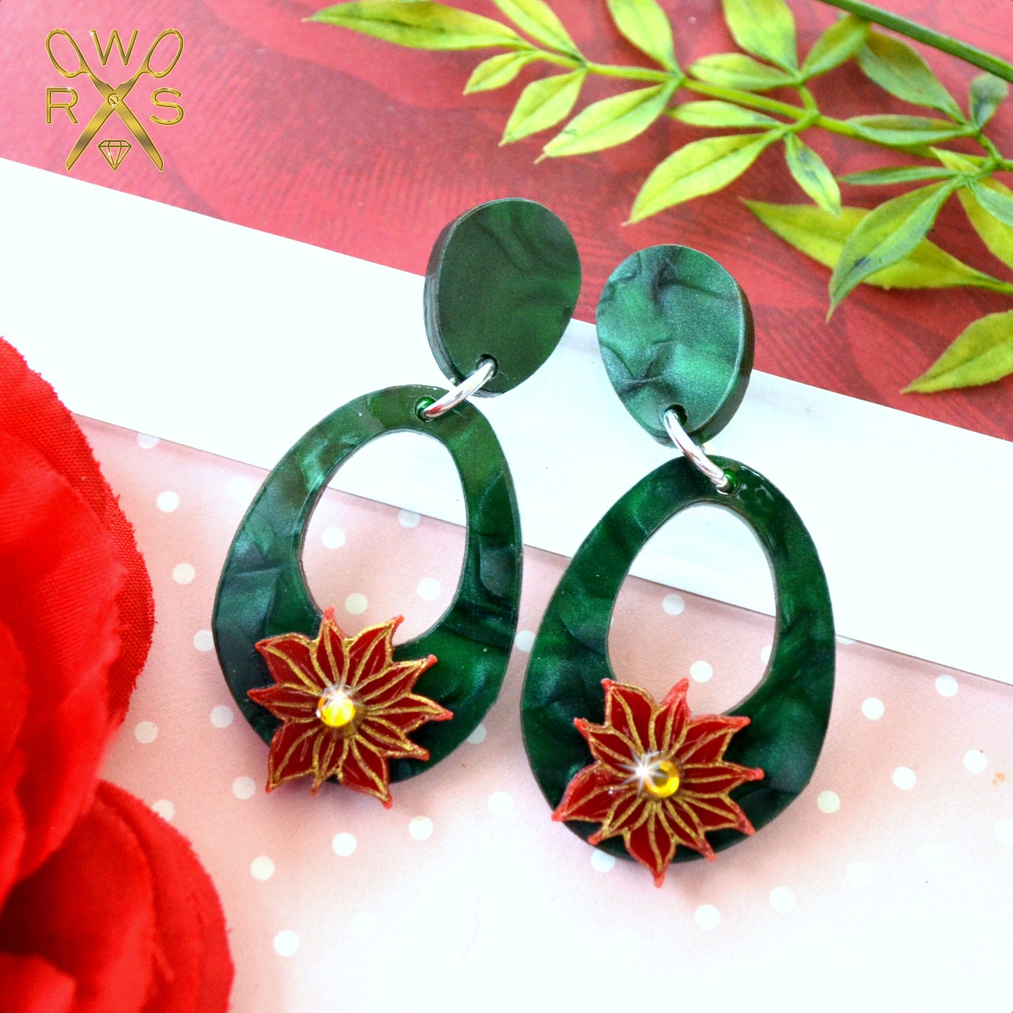 SALE Poinsettia Everyday Dangles in Green Pearl Laser Cut Acrylic