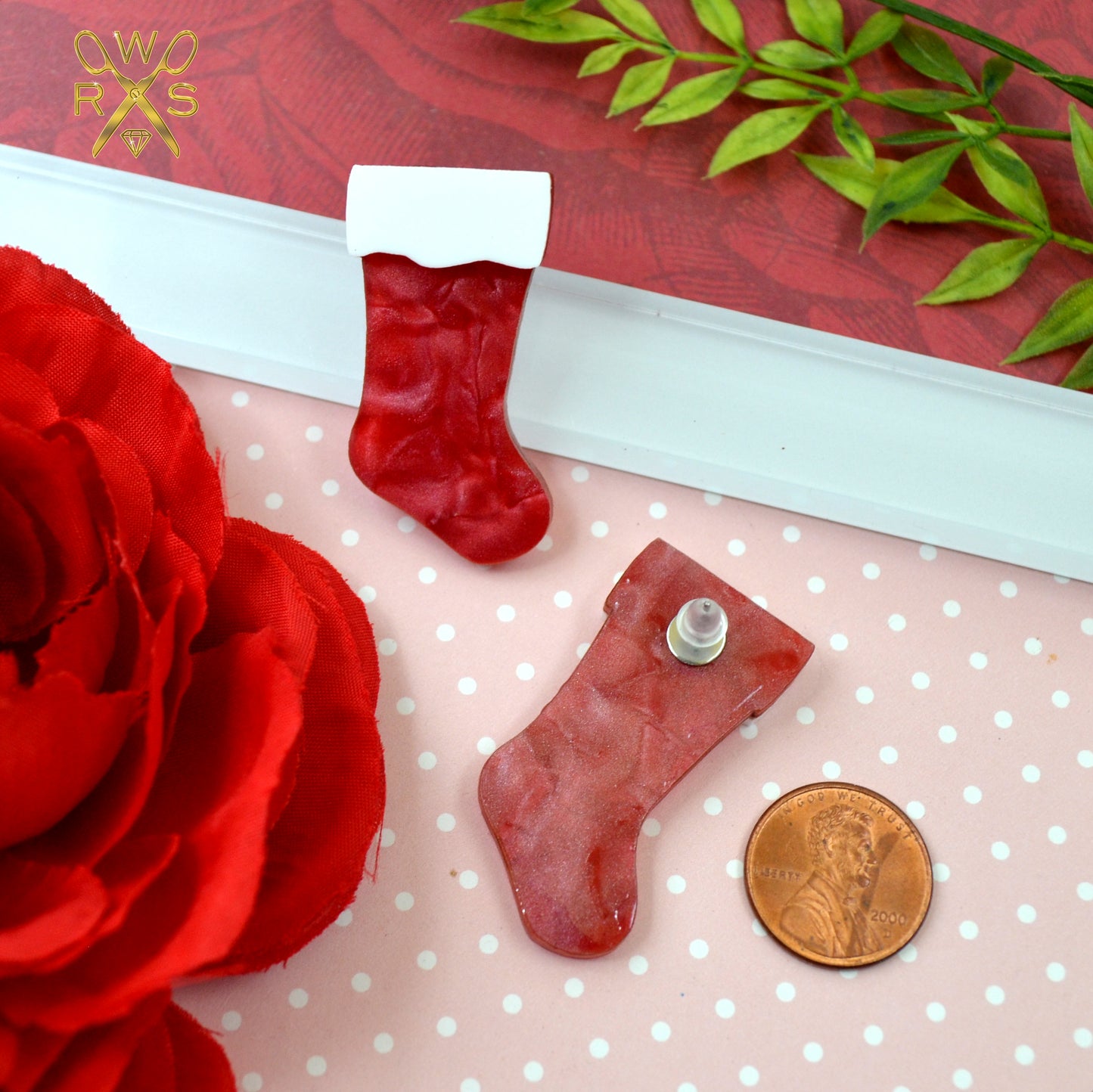 SALE Red Pearl Christmas Stocking Statement Studs - Holiday Earrings