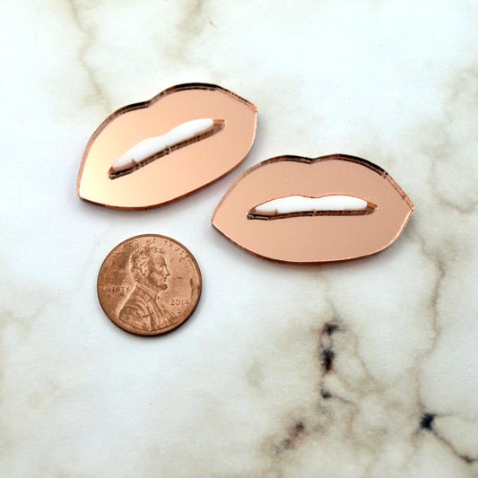 ROSE GOLD LIPS -  Mirrored  with White Teeth - 1 Pair - Cabochons - Laser Cut Acrylic