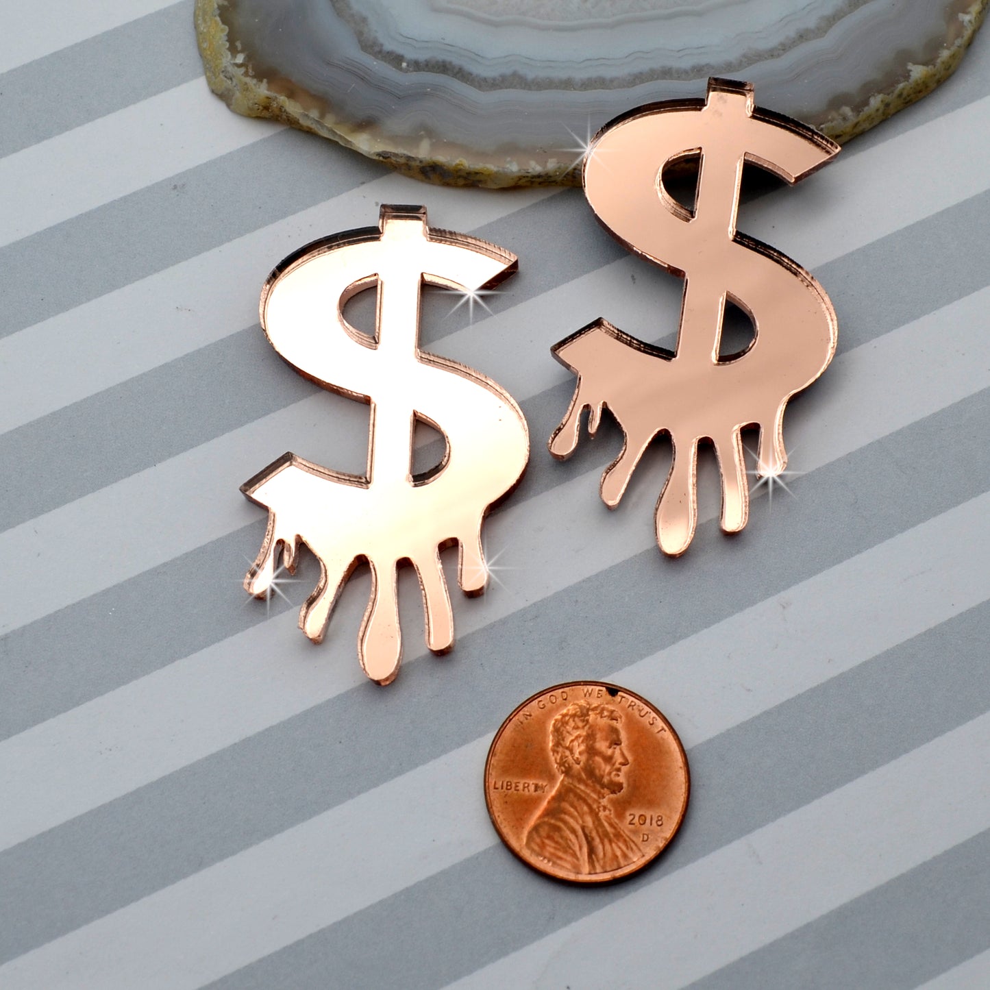 DRIPPING DOLLAR SIGNS - Rose Gold Mirror Laser Cut Acrylic Cabs - Set of 2 Flatback Cabochons