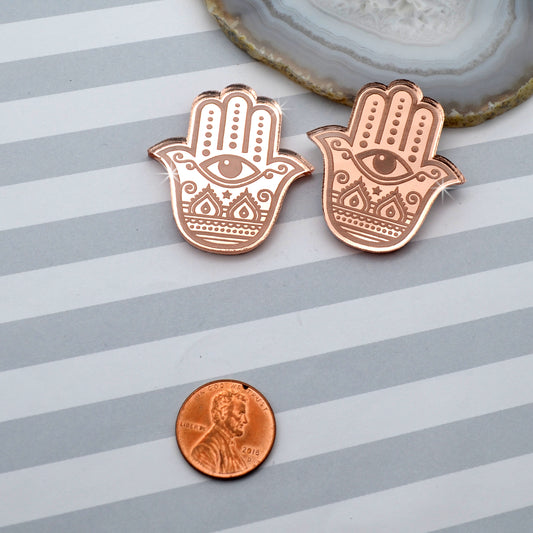 HAMSA HAND CABS Rose Gold Mirror Laser Cut Acrylic Cabs Set of 2 Flatback Cabochons