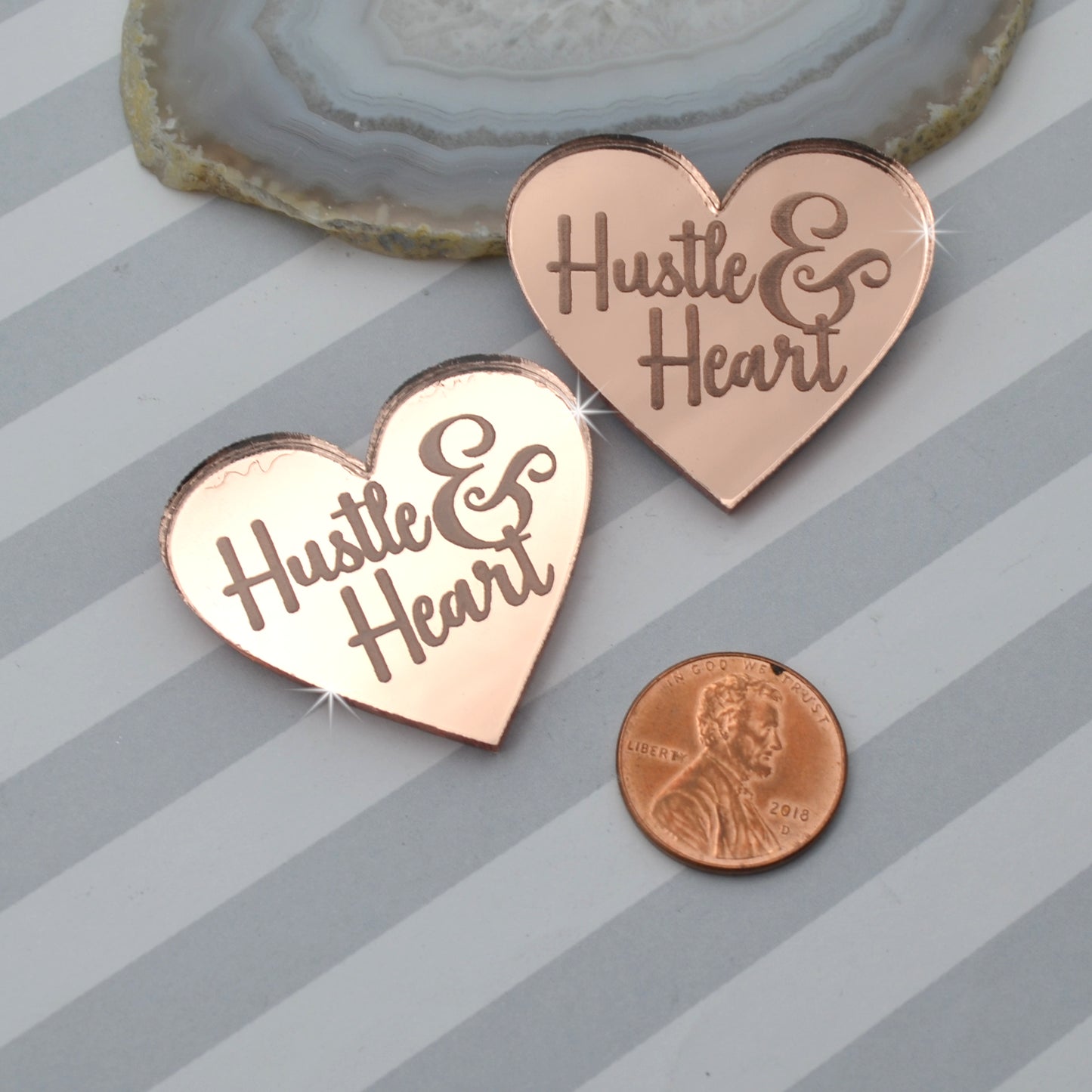 HUSTLE AND HEART - Rose Gold Mirror Laser Cut Acrylic Cabs - Set of 2 Flatback Cabochons