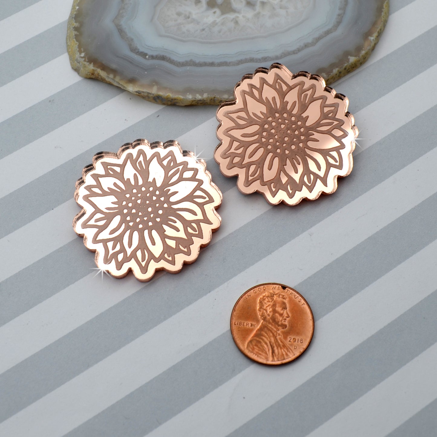 SUNFLOWER CABOCHONS - Rose Gold Mirror Laser Cut Acrylic - Set of 2 Flat Back Cabs