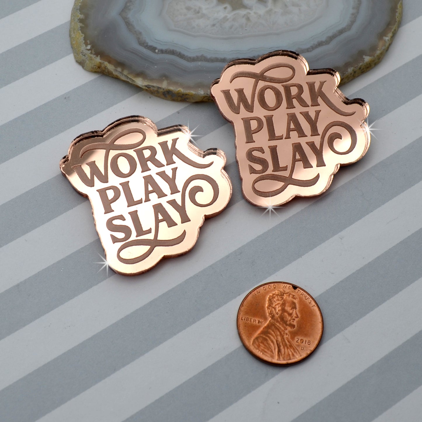 WORK PLAY SLAY - Cabochons- Rose Gold Mirror Laser Cut Acrylic Cabs - Set of 2