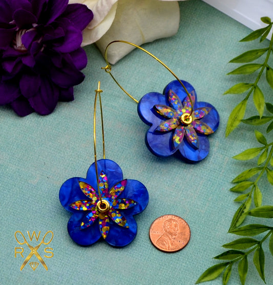Royal Blue Petunia Hoops - Laser Cut Acrylic Earrings