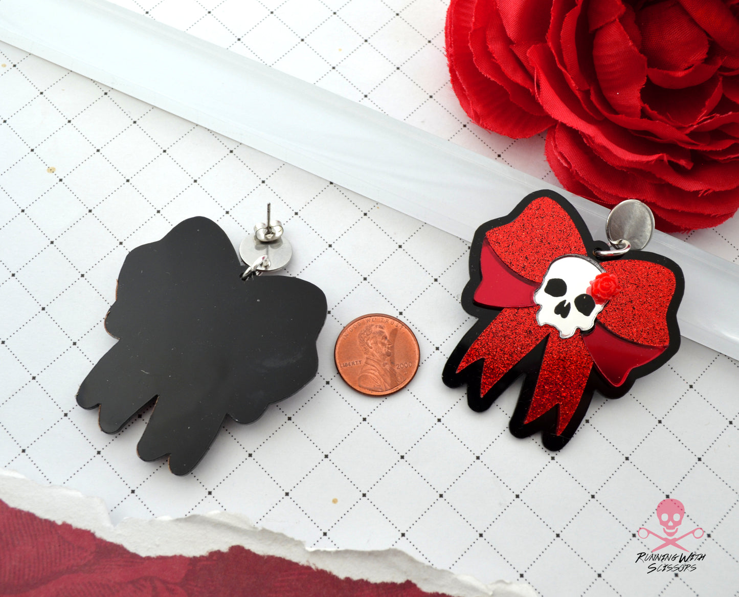 SALE SKULL BOW DANGLES In Red Laser Cut Acrylic