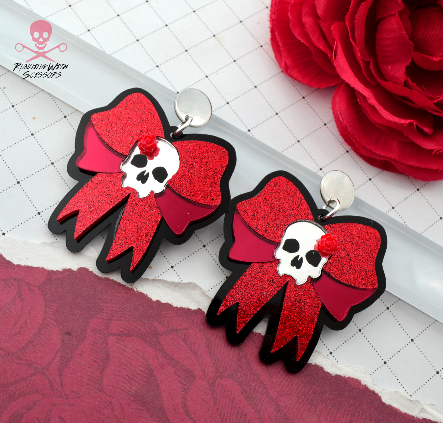 SALE SKULL BOW DANGLES In Red Laser Cut Acrylic