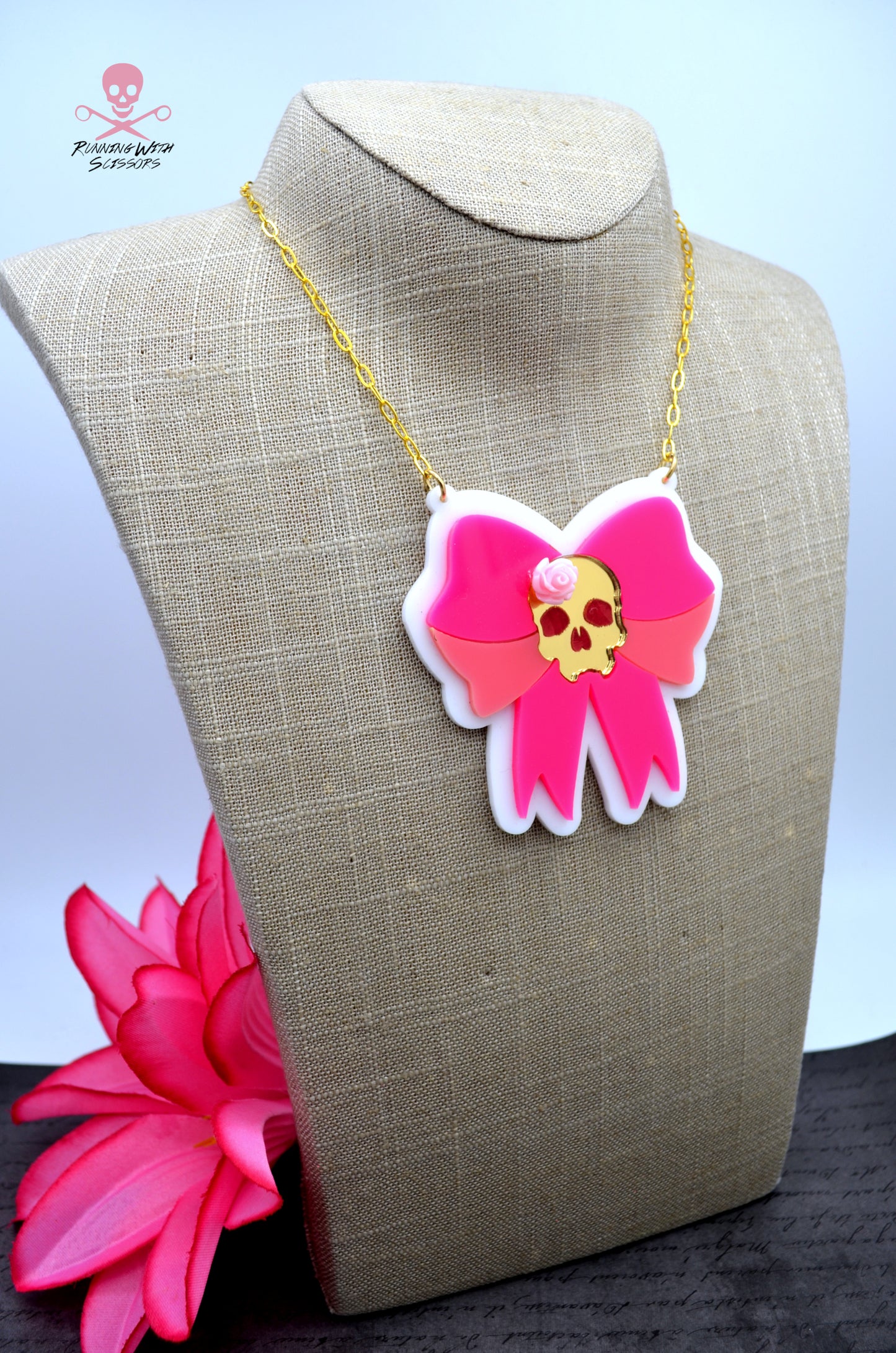 SALE SKULL BOW NECKLACE In Pink Laser Cut Acrylic