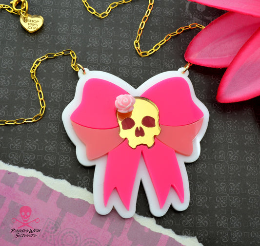 SALE SKULL BOW NECKLACE In Pink Laser Cut Acrylic