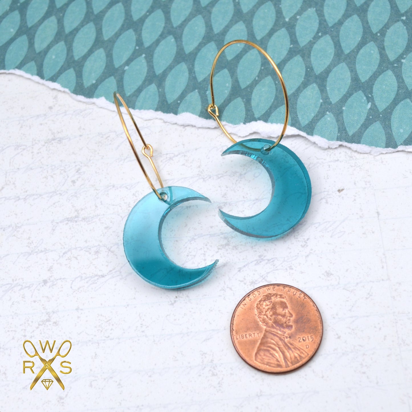 SALE TEAL MOON HOOPS Gold Dangle Earrings