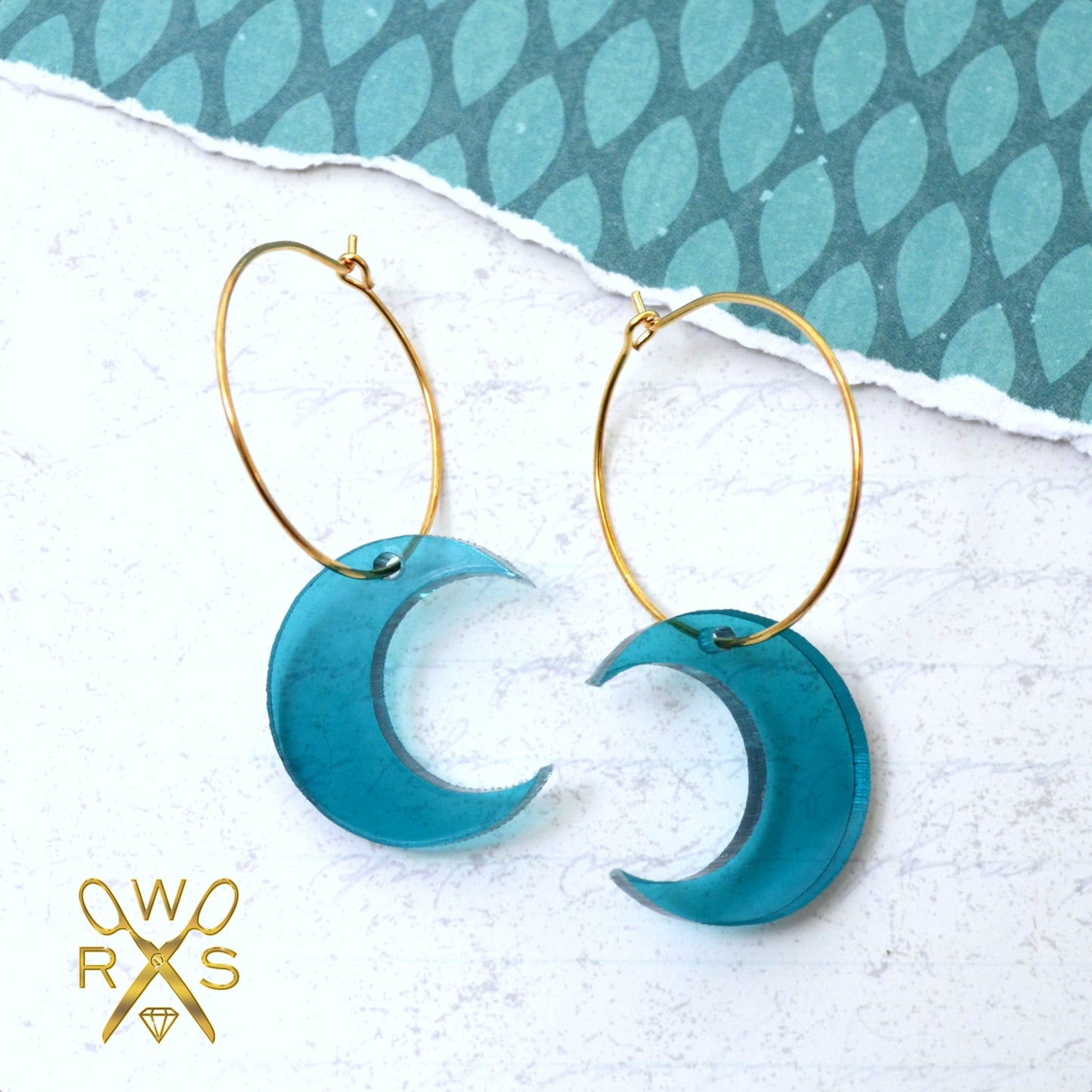 SALE TEAL MOON HOOPS Gold Dangle Earrings