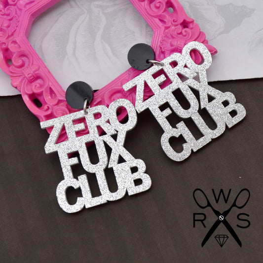 SALE Zero Fux Club Silver Glitter Laser Cut Acrylic Dangle Earrings